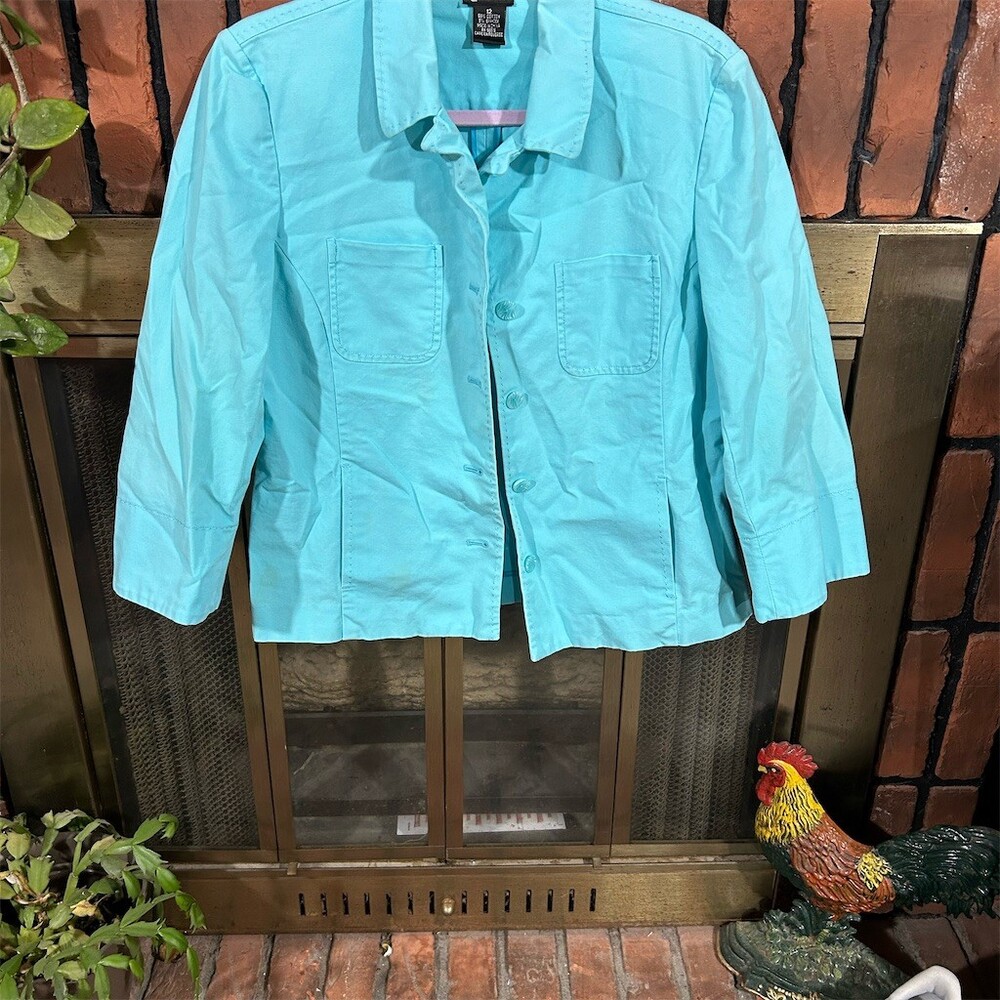 Rafaella Blazer Jacket Womens Size 12 Aqua Blue Button Front 3/4 Sleeve